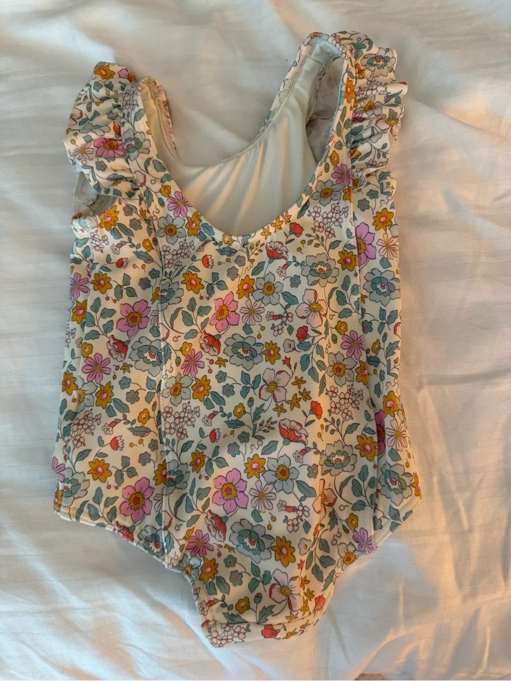 Quince Cream Floral Ruffle One-Piece Swimsuit with Pink, Yellow & Blue Flowers